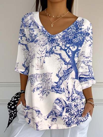 Women's Retro Flora and Fauna Realistic Print Mid-Sleeve T-Shirt