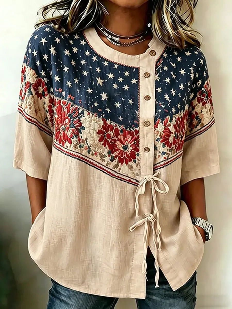 Women's Cotton Linen USA 250th Anniversary Print Shirt