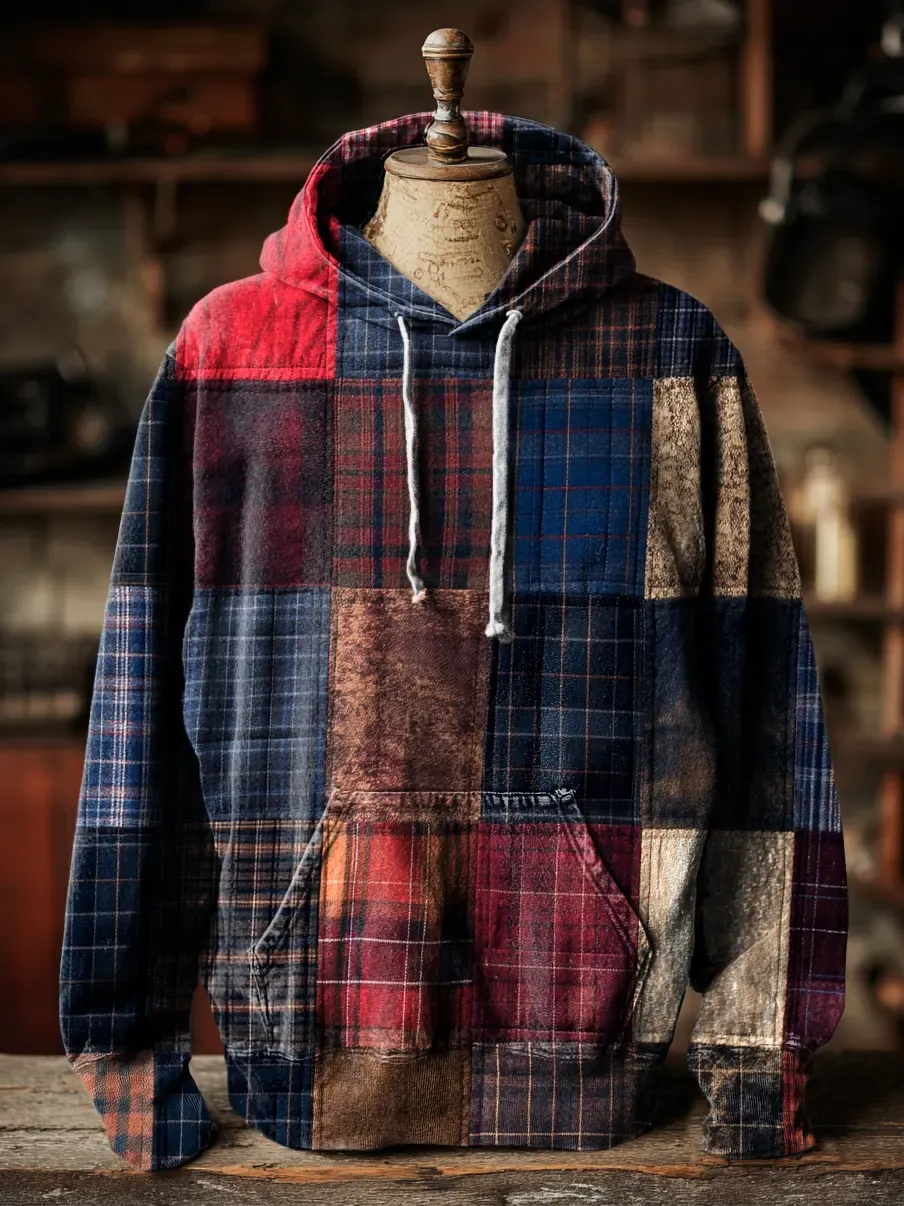 Unisex Retro Plaid Patchwork Art Print Pocket Hooded Sweatshirt