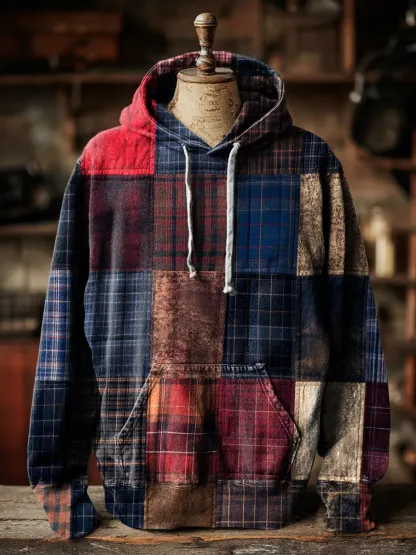 Unisex Retro Plaid Patchwork Art Print Pocket Hooded Sweatshirt