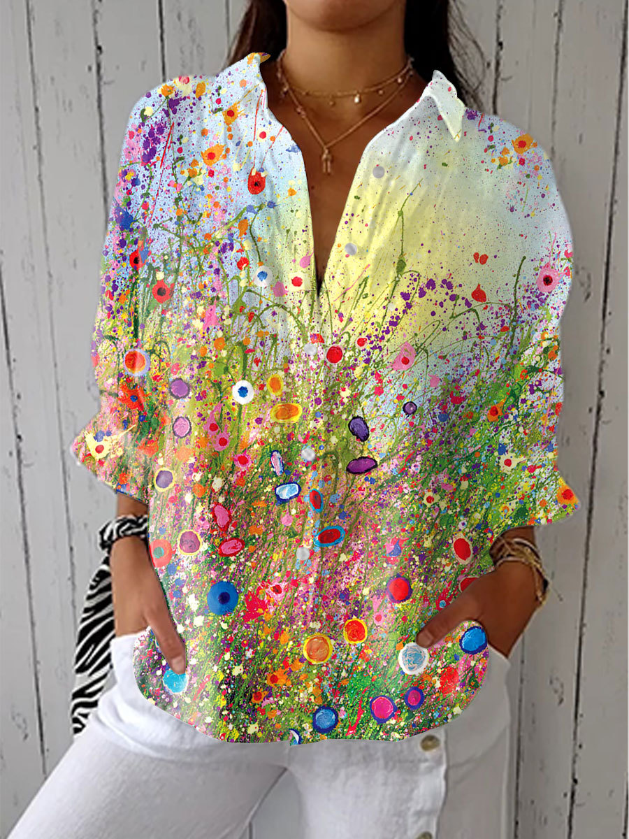 Women's Vintage Gradient Floral Art Print Casual Linen V-neck Shirt