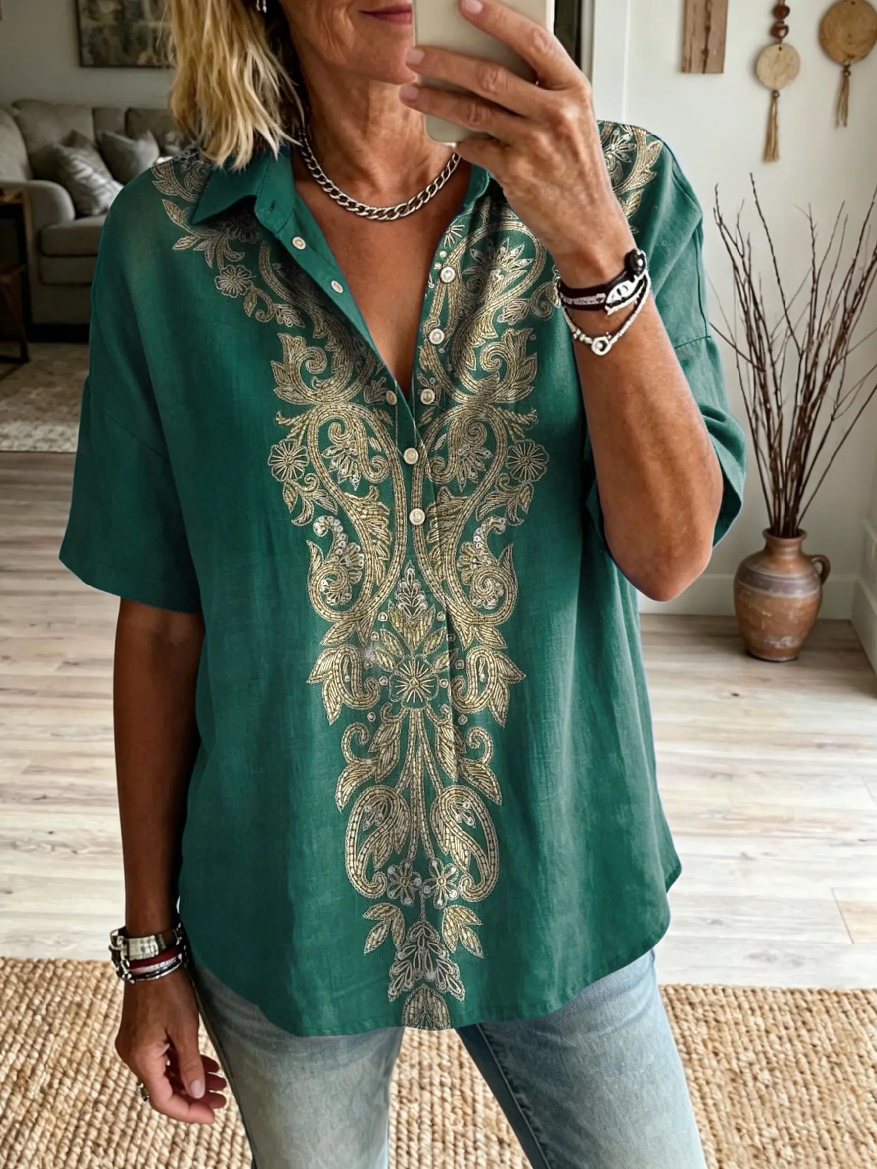 Women's Vintage-Textured Ethnic Floral Art Print Short-Sleeve Henley Shirt with Lapel Collar