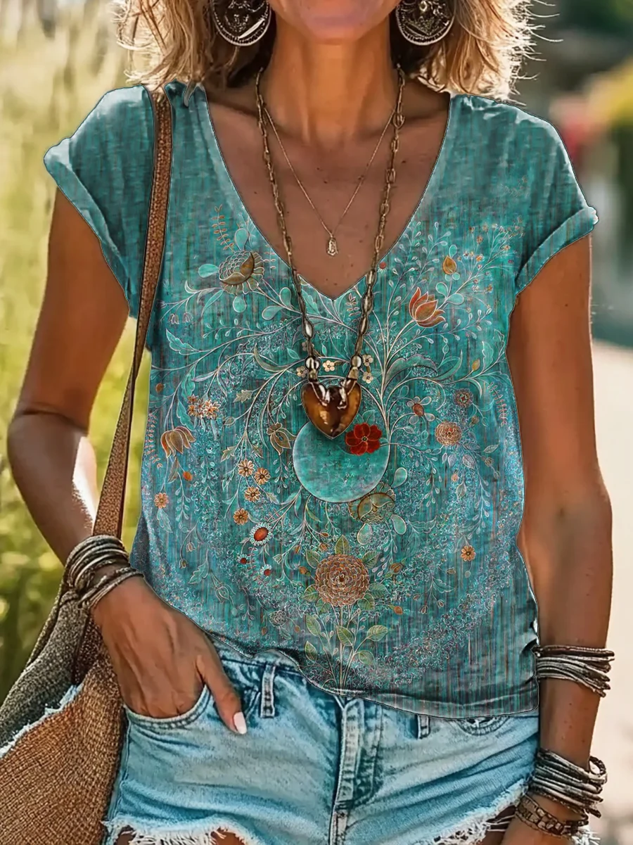 Women's Vintage Floral Art Print Casual Cotton Linen Shirt