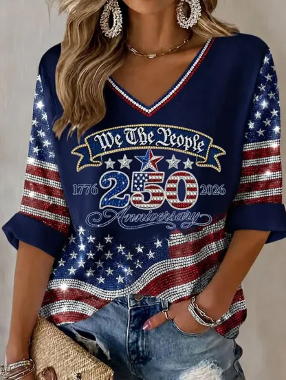 Women'S Retro Independence Day Art Printed Casual T-Shirt