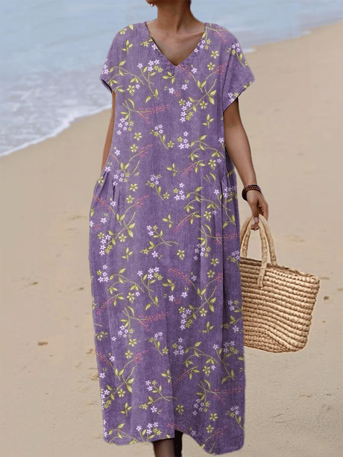 Women's Vintage Flower Art Print V-Neck Dress