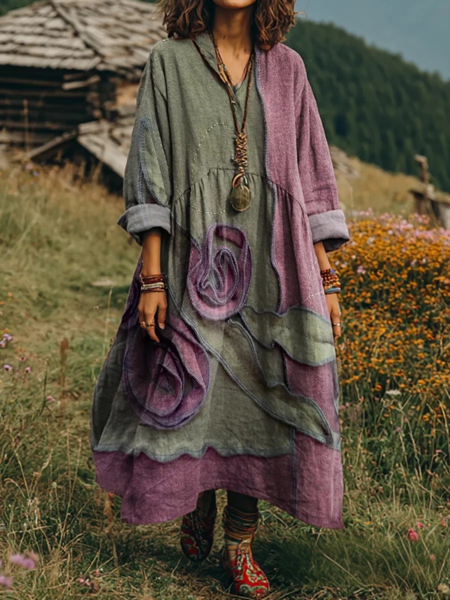 Women's Retro Flowers Art Print V-Neck Long Sleeve Cotton Pocket Dress