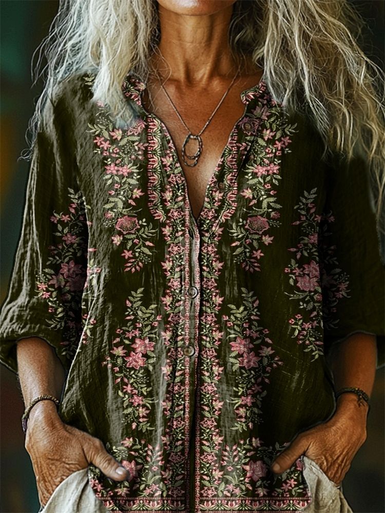 Women's Vintage Ethnic Floral Tattoo Pattern Art Print Linen Cotton Ca