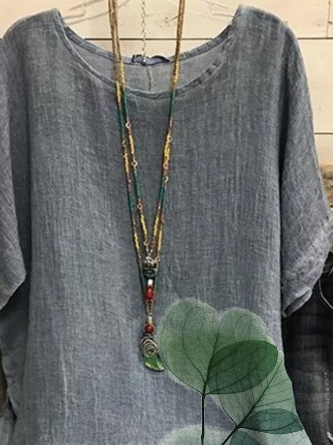Women's Cotton Linen Floral Loose Casual T-Shirt