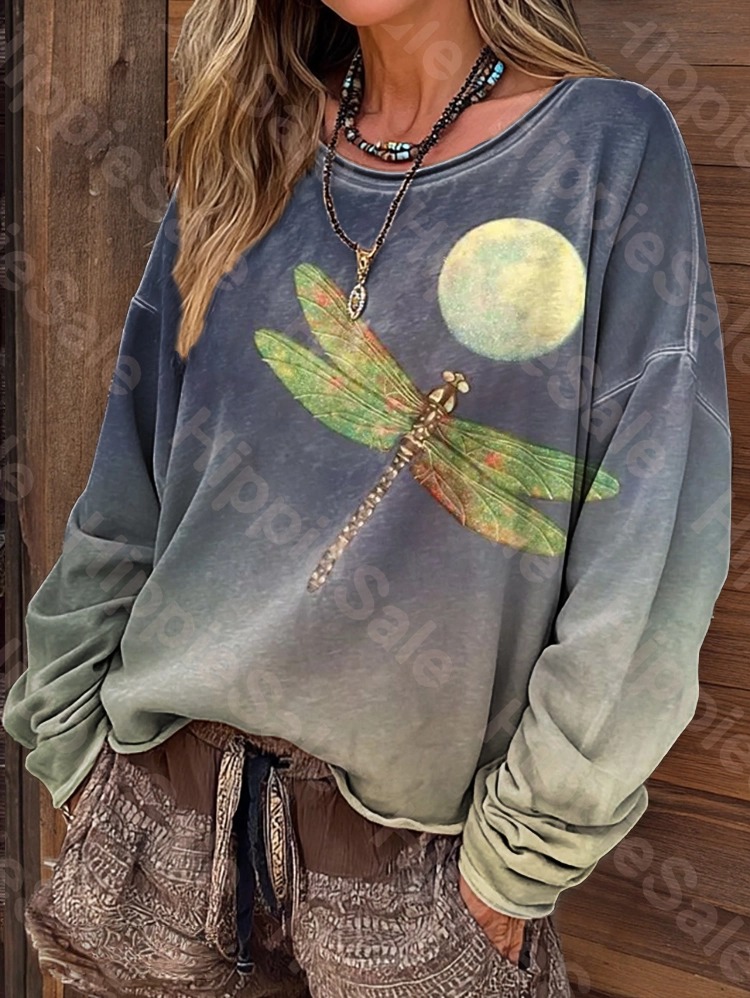 Women's Vintage Dragonfly Moon Art Print Casual Long Sleeve T-shirt