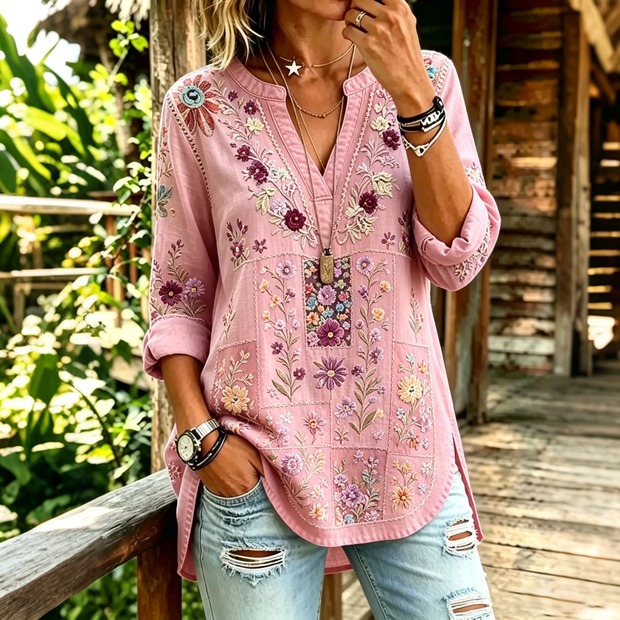 Women's Retro Ethnic Floral Patchwork Color-blocked Cotton Linen Top
