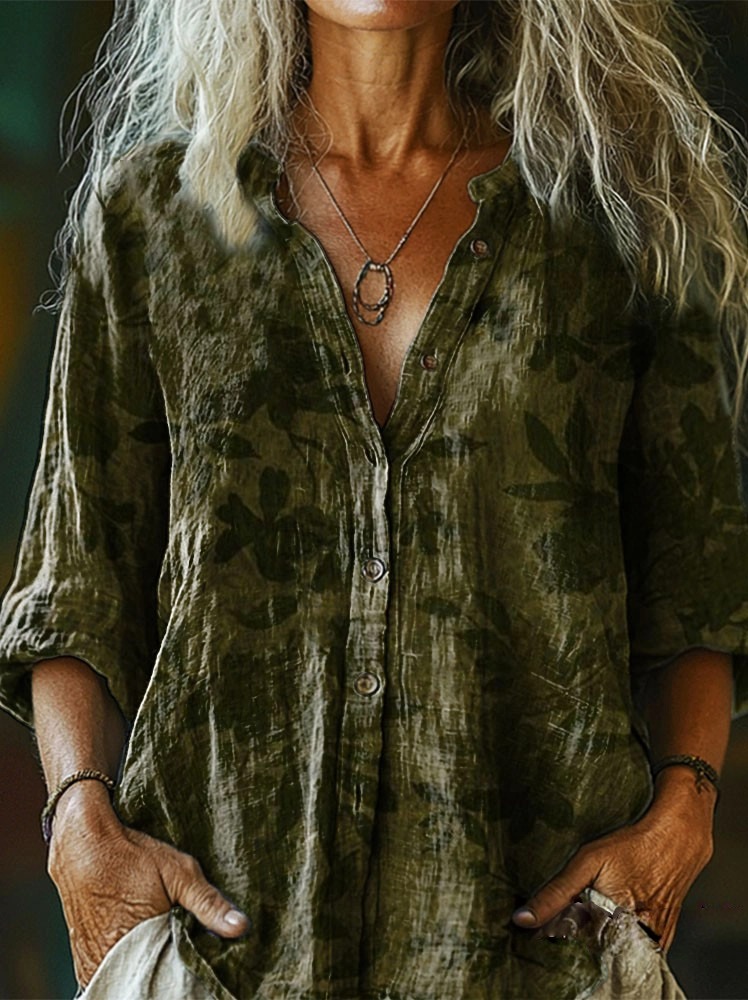 Women's Retro Ethnic Floral Patterns Dark Green Art Print Casual Cotton Linen Shirt