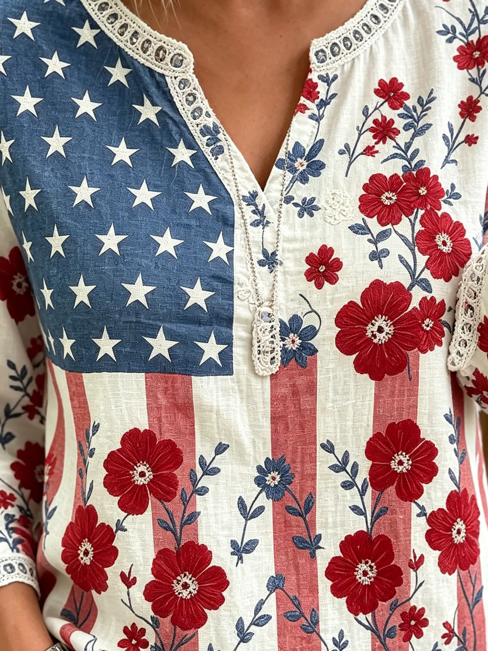 omen's American Flag Floral V-Neck Long Sleeve Top