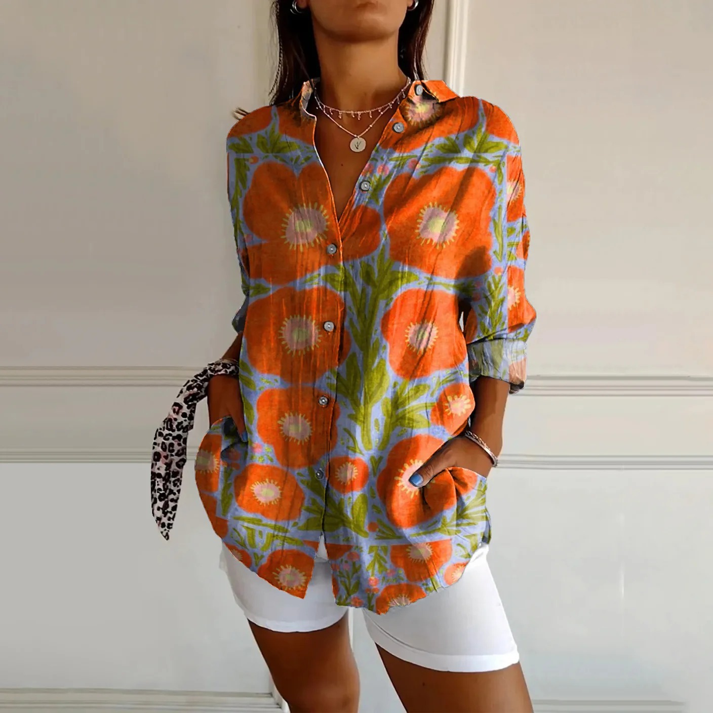 Women's Floral Pattern Art Print Casual Cotton Linen Shirt