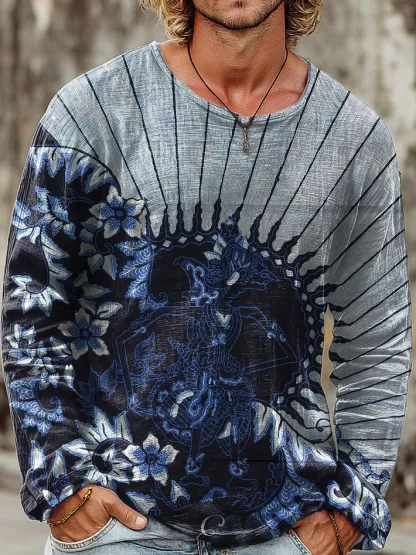 Mens Vintage Ethnic Blue Floral Totem Art Printed Casual Round Neck Pullover Cotton Shirt