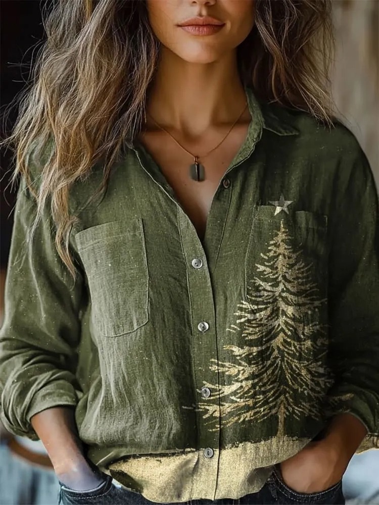 Women's Vintage Christmas Print Casual Long Sleeve Comfortable Cotton Shirt
