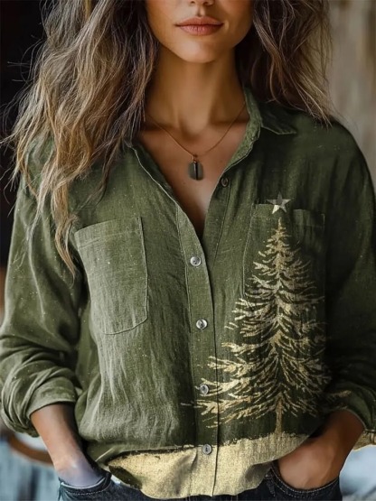 Women's Vintage Christmas Print Casual Long Sleeve Comfortable Cotton Shirt