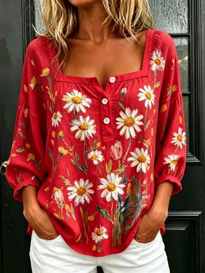 Women's Watercolor Daisy Floral Print Puff 3/4 Sleeve Blouse