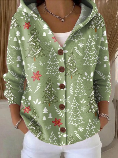 Women's Christmas Tree Pattern Art Print Buttoned Cardigan Sweater