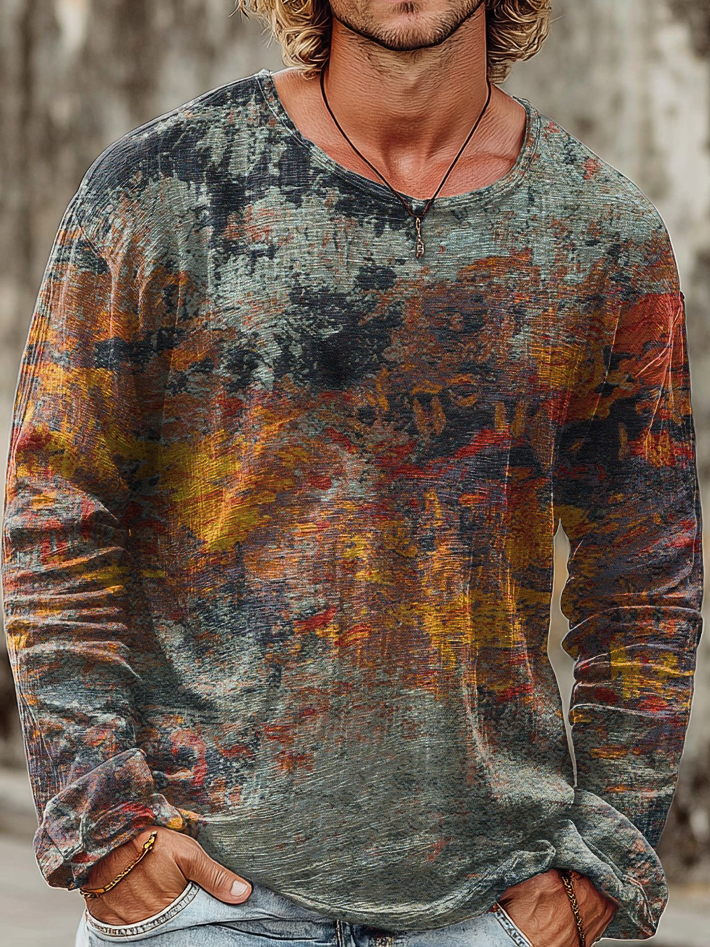 Men's Vintage Multicolor Gradient Art Print Casual Cotton Crew Neck Pullover Shirt