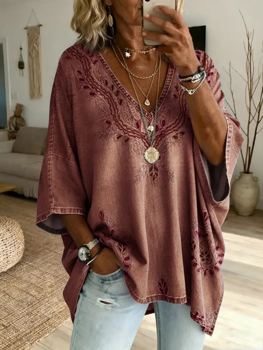 Ethnicity Texture Flowers Women's Art Print Casual Washed Cotton Denim Top