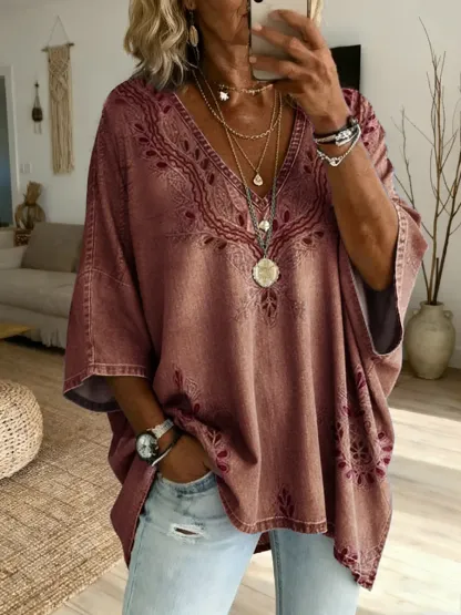 Ethnicity Texture Flowers Women's Art Print Casual Washed Cotton Denim Top