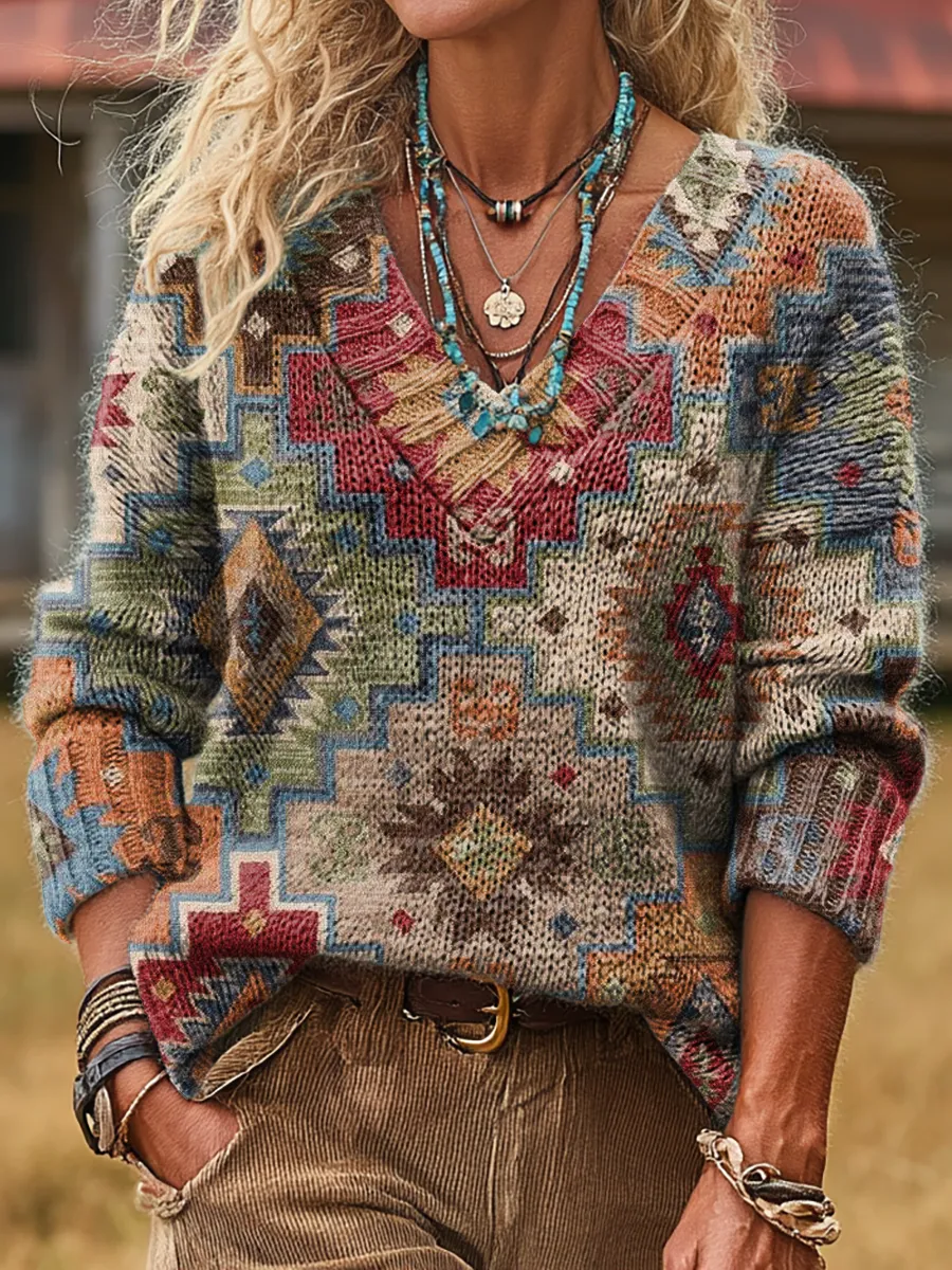 Unisex Retro Ethnic Art Print Casual Long-Sleeve V-Neck Wool Blend Kni