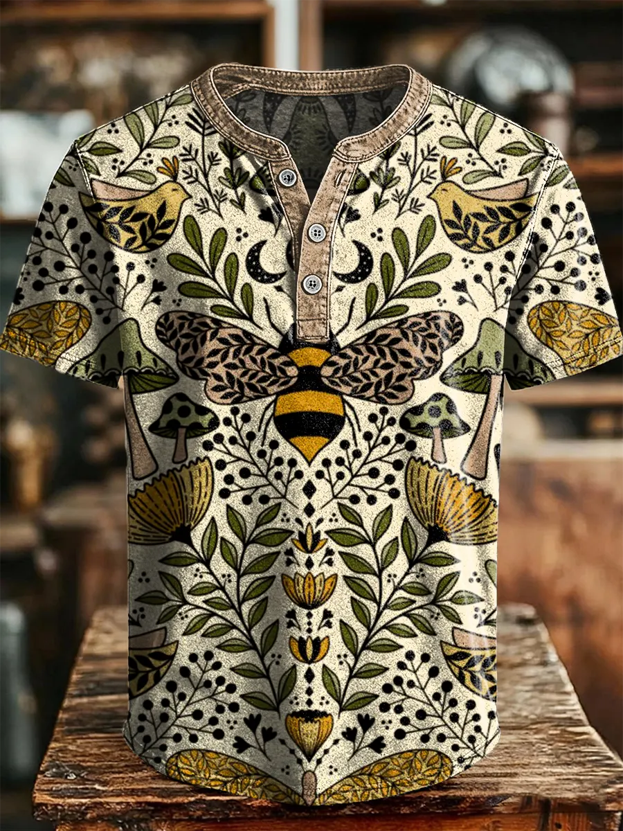 Retro Multicolor Floral Mushroom Print Henley Cotton Short Sleeved T-shirt