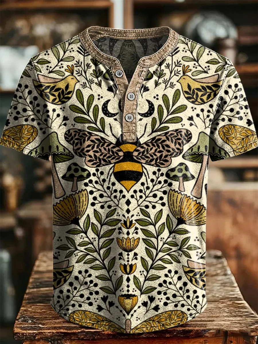 Retro Multicolor Floral Mushroom Print Henley Cotton Short Sleeved T-s