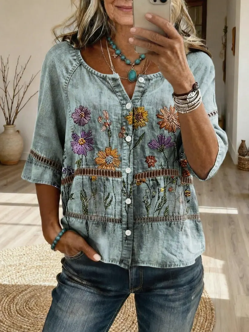 Women's Textured Vintage Floral Art Print Casual Long-Sleeve V-Neck Washed Cotton Denim Top