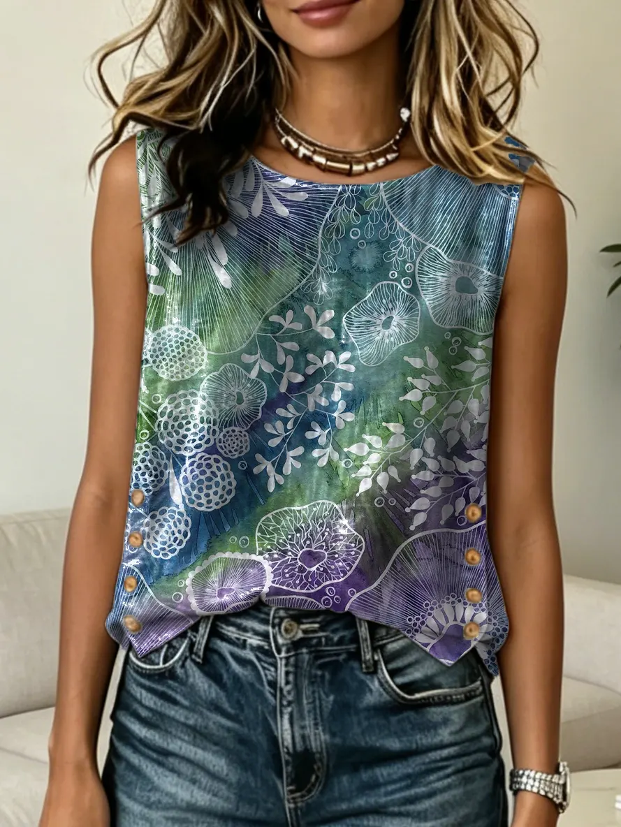 Women's Casual Button-down Tank Top With Artistic Floral Print And Ombré Stripes