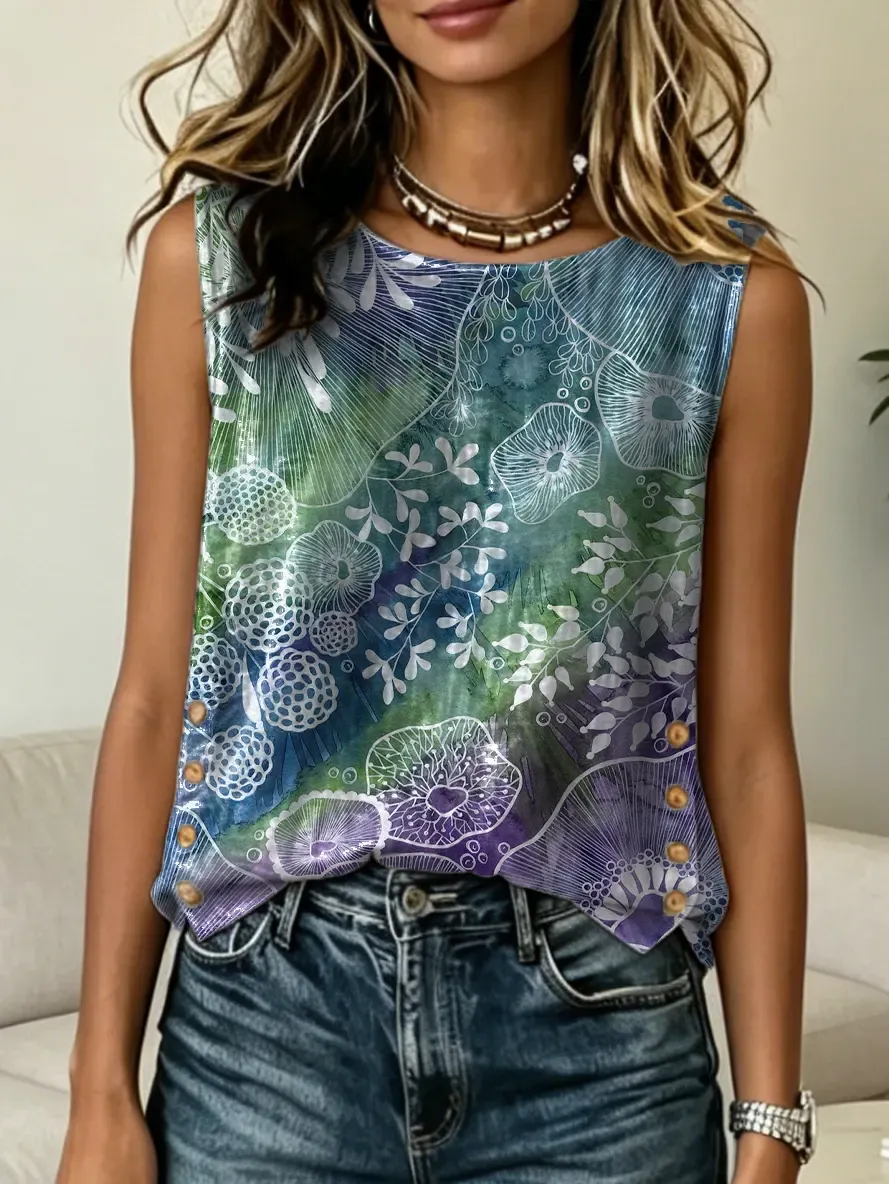 Women's Casual Button-down Tank Top With Artistic Floral Print And Ombré Stripes