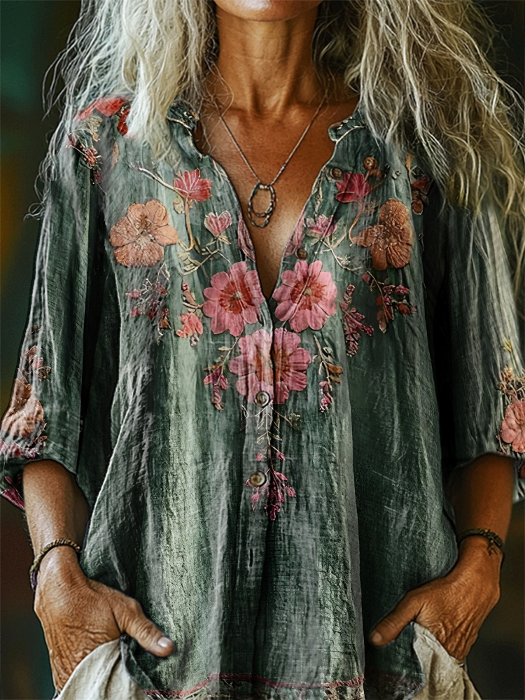 Women's Vintage Floral Pattern Art Print Casual Cotton Linen Shirt