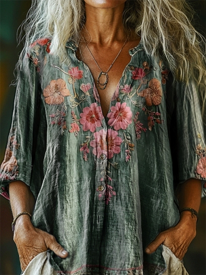 Women's Vintage Floral Pattern Art Print Casual Cotton Linen Shirt