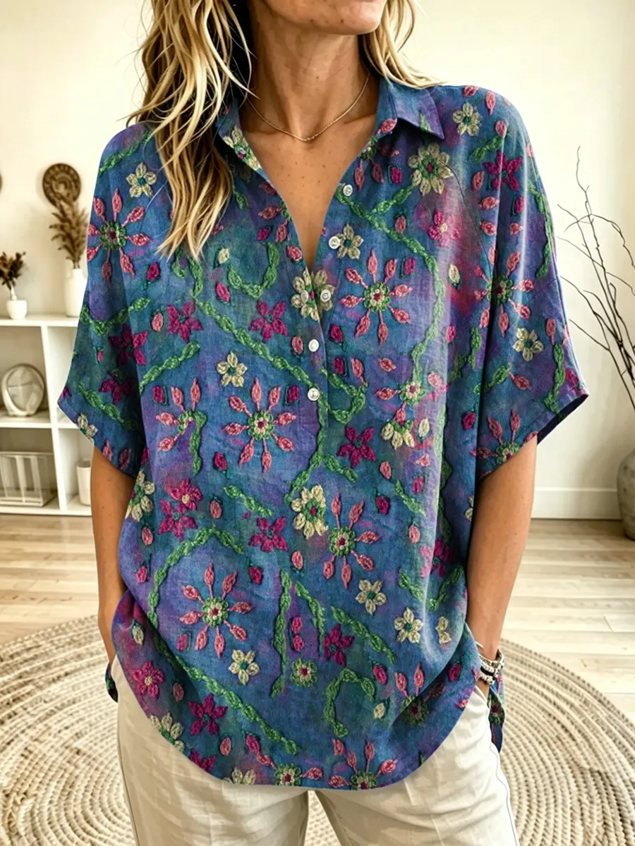 Women's Floral Vine Print Collared Dolman Sleeve Henley Blouse