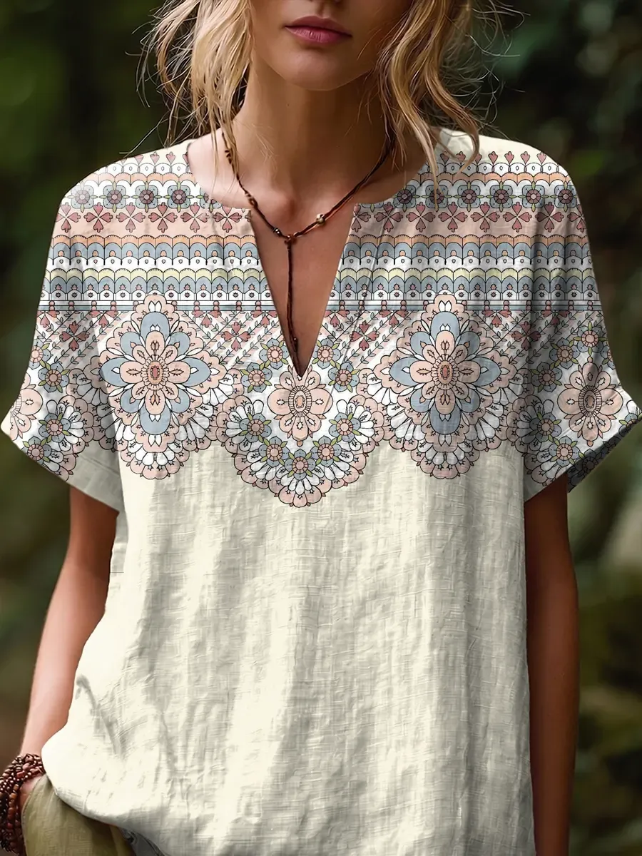 Flowers Geometry Totem Women's Art Print Casual Short-sleeve V-neck Cotton Linen Shirt