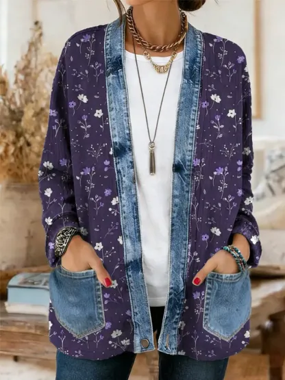 Ethnicity Purple Flowers Women's Casual Long Sleeve Comfortable Denim Mix Cardigan