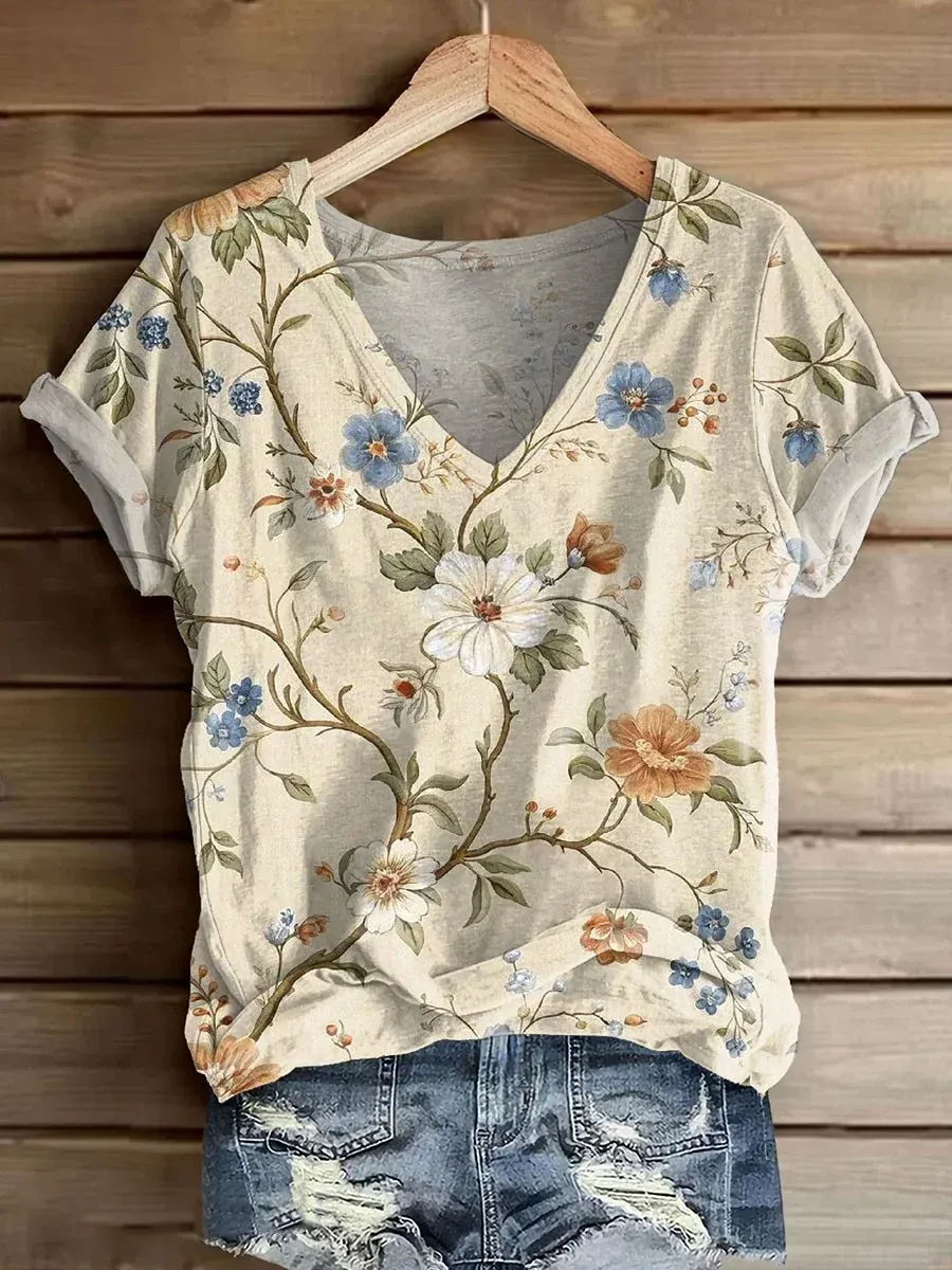 Women's Plant Print V-Neck T-Shirt