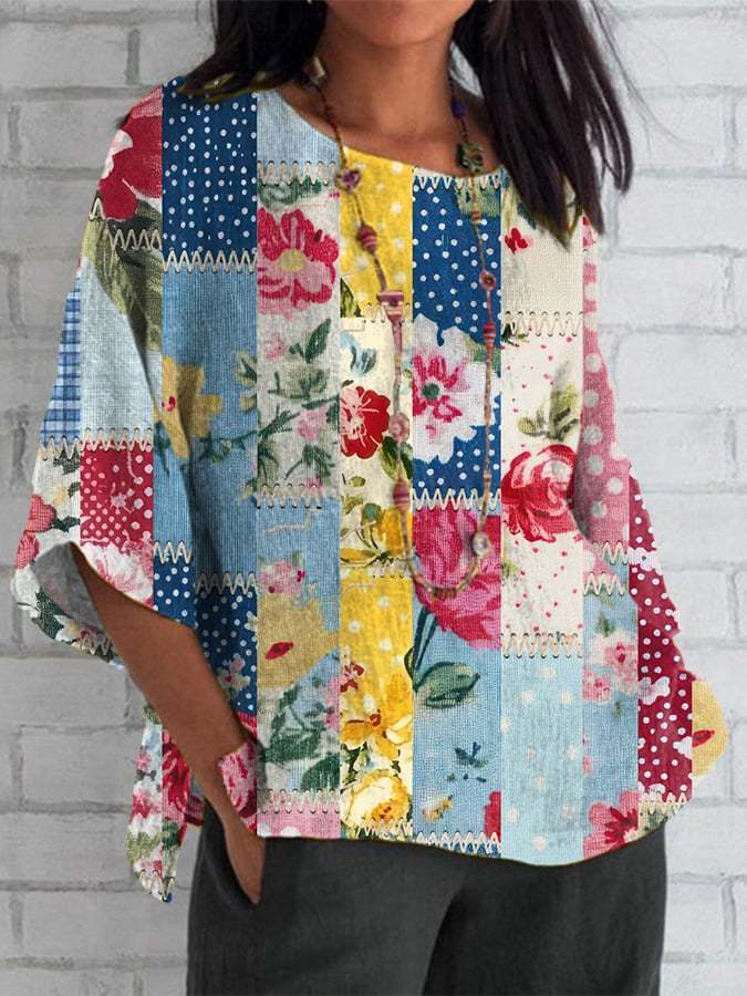 Women's Casual Floral Stitching Print Shirt
