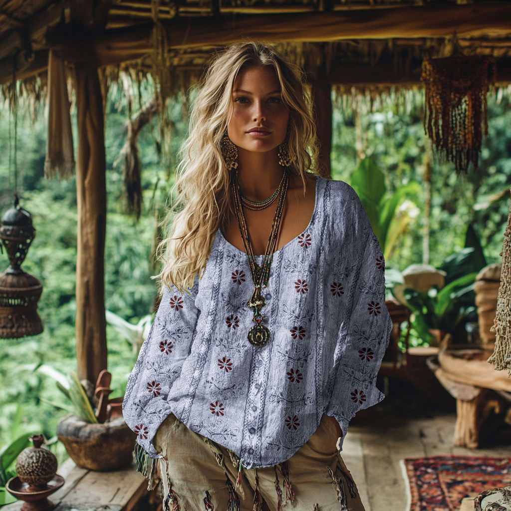 Vintage Tribal Floral Art Cotton Linen Casual Shirt