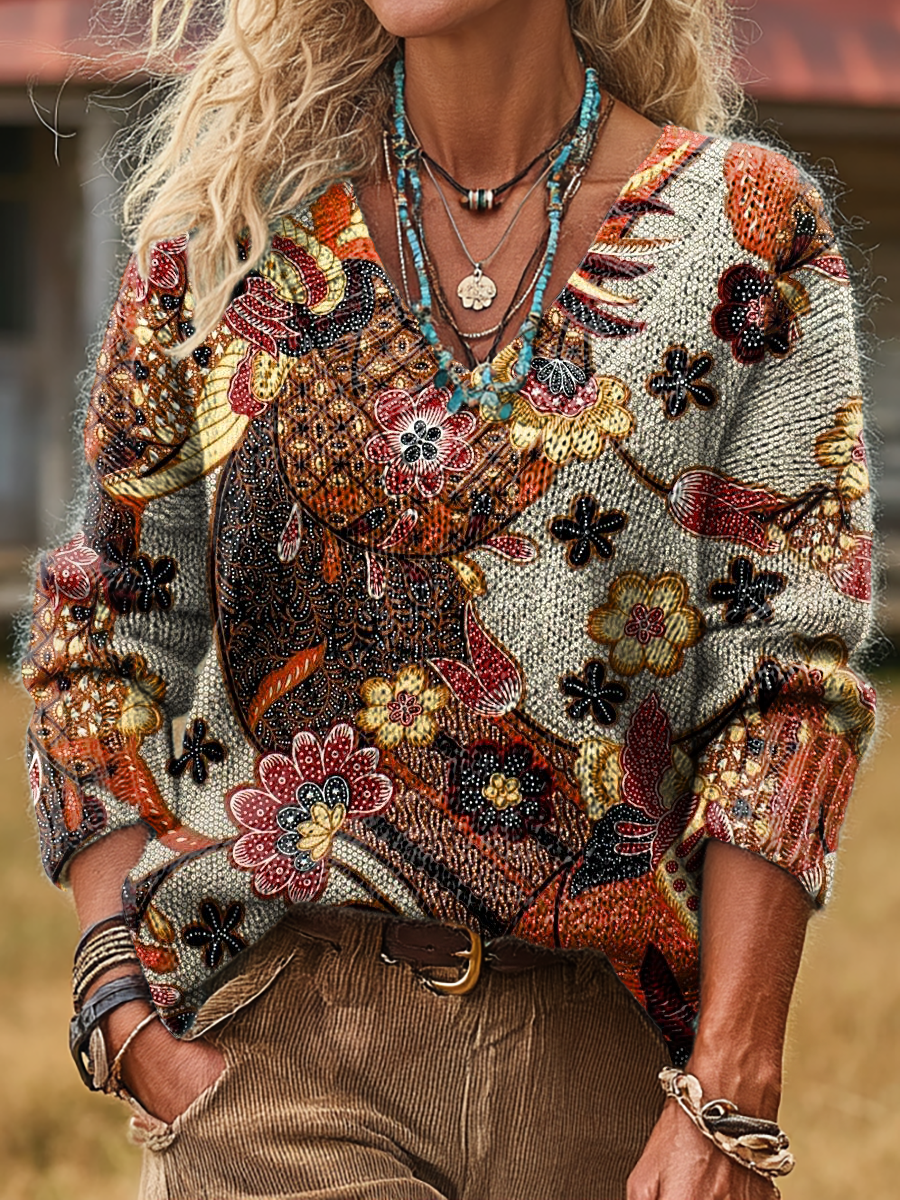 Unisex Retro Ethnic Floral Art Print Casual Long-Sleeve V-Neck Wool Blend Knit Sweater