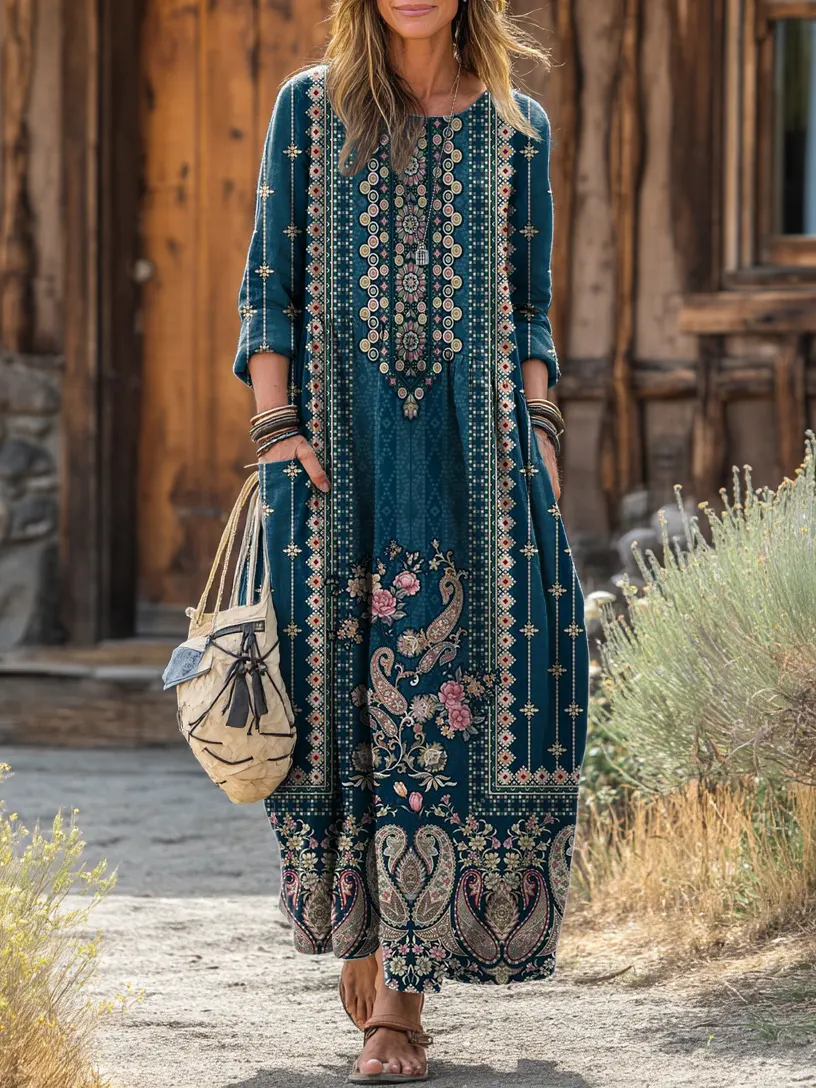 Women's Ethnic Floral Pattern Art Print Round Neck Long Sleeve Pocket Cotton Dress