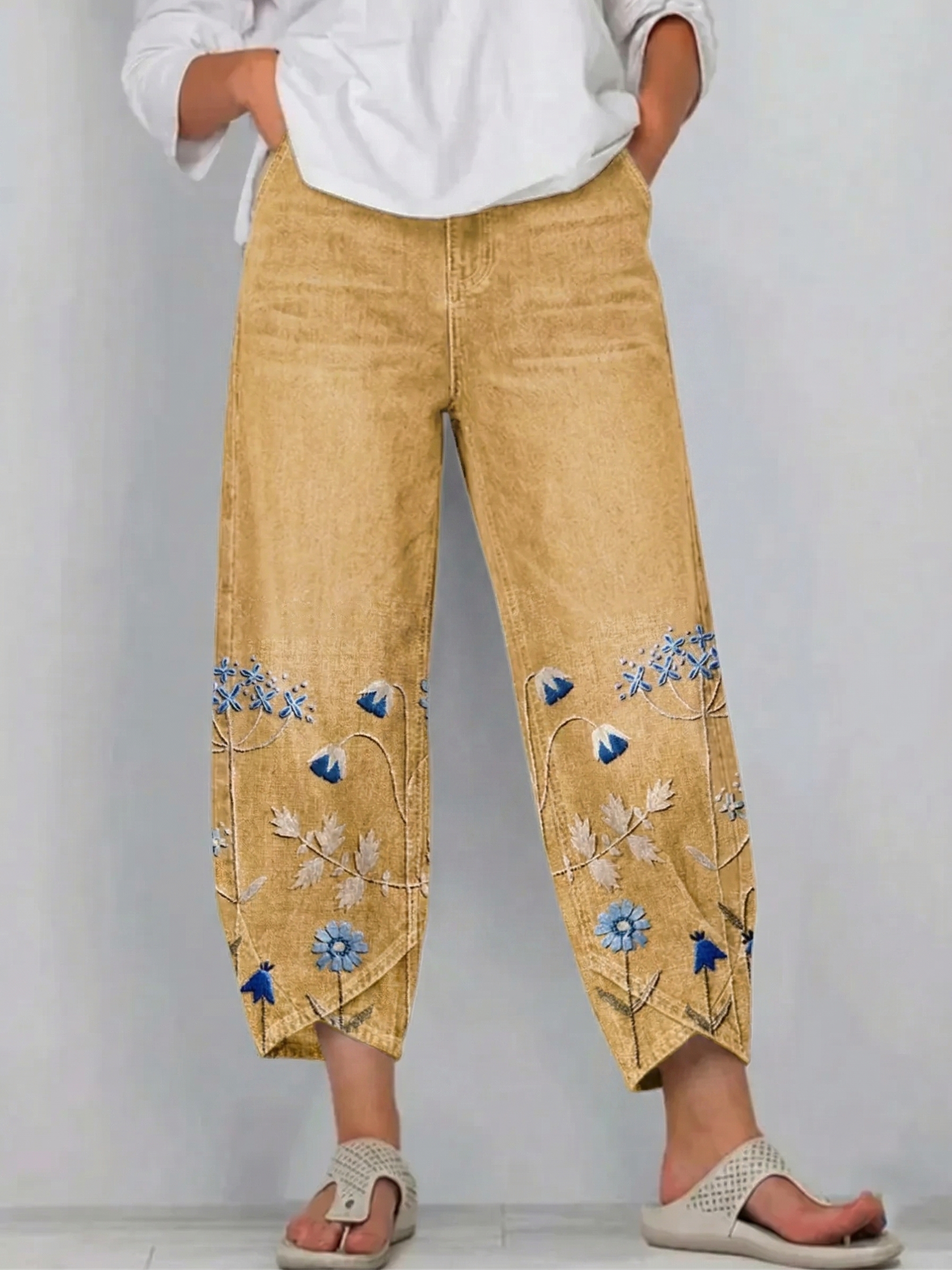 Ethnicity Bohemia Flowers Women's Art Pattern Print Casual Denim Cotton Pants