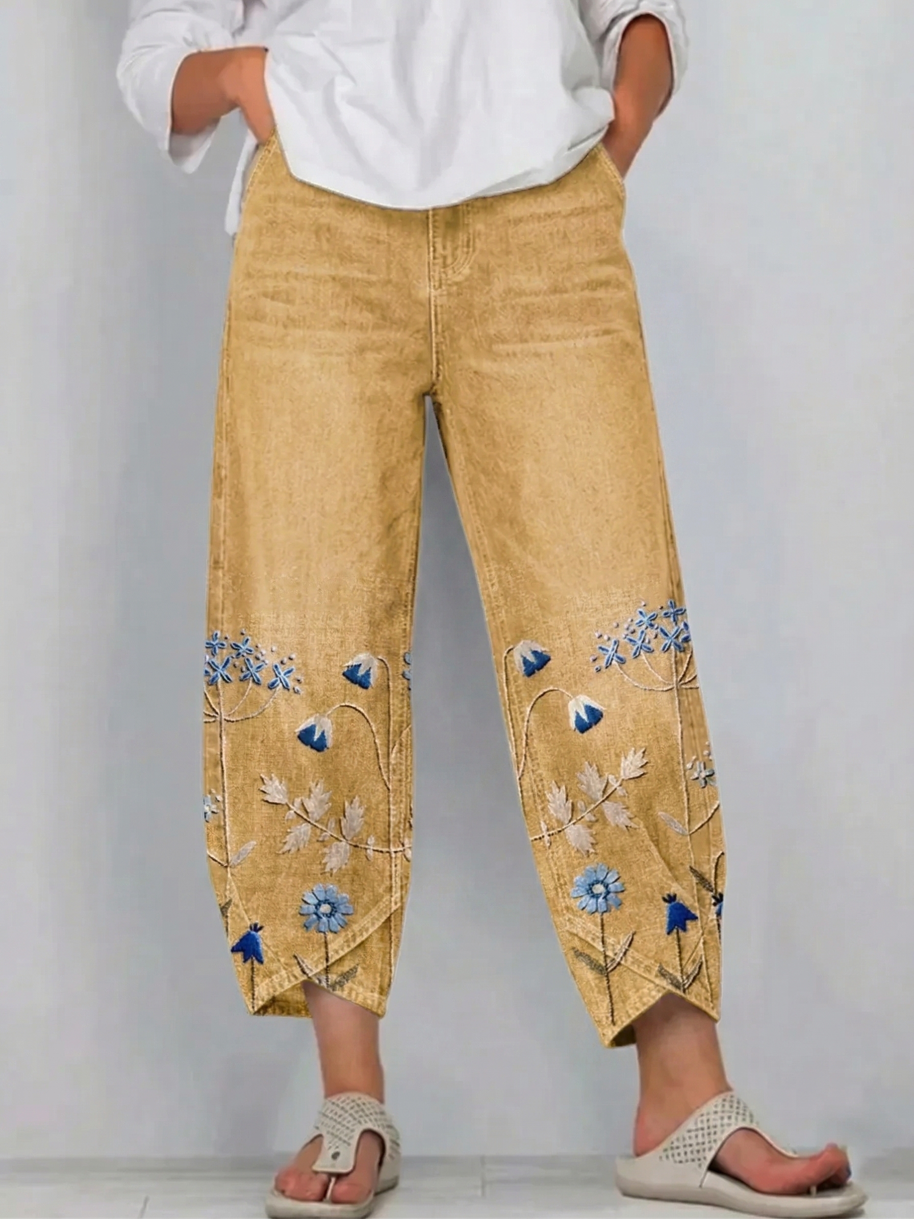 Ethnicity Bohemia Flowers Women's Art Pattern Print Casual Denim Cotton Pants