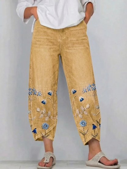Ethnicity Bohemia Flowers Women's Art Pattern Print Casual Denim Cotton Pants