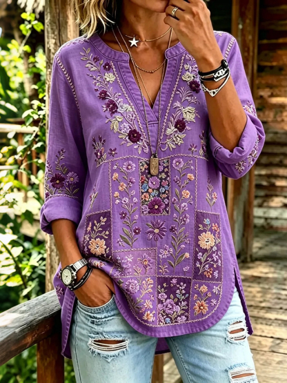 Women's Retro Ethnic Floral Patchwork Color-blocked Cotton Linen Top