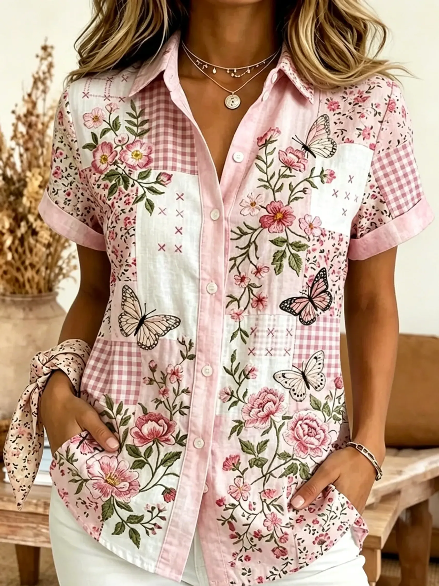 Women's Butterfly Floral Patchwork Print Cotton Shirt