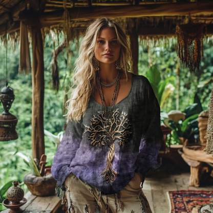 Women's Viking Celtic Knot Style Tree Of Life Rainbow Art Linen Casual T-shirt