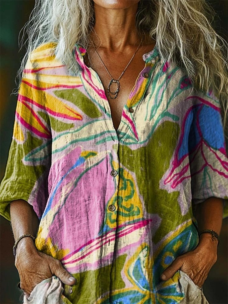 Women's Floral Graffiti Pattern Art Print Casual Cotton Linen Shirt