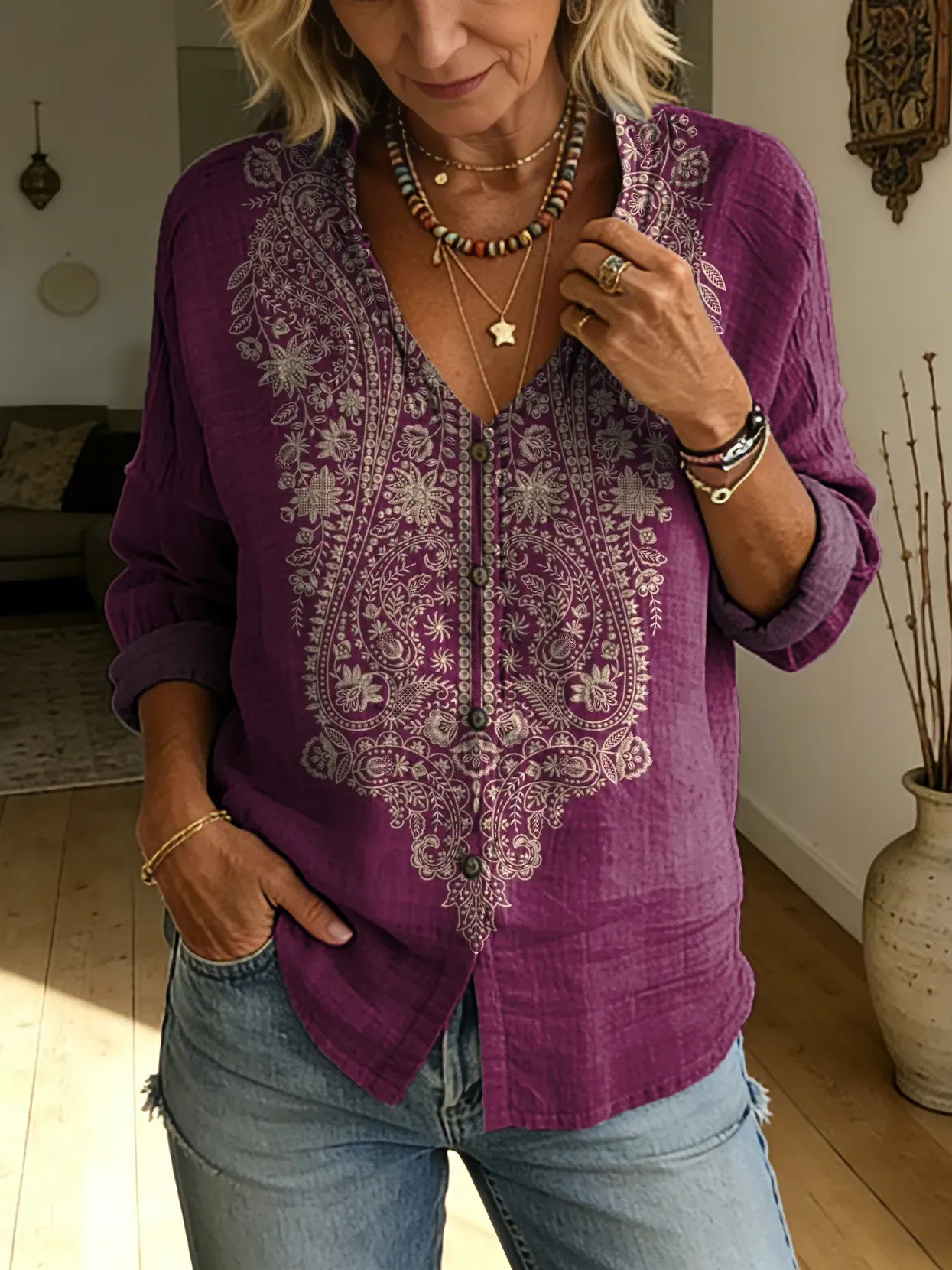 Women's Retro Bohemian Tattoo Floral Art Print Casual Long-Sleeve V-Neck Shirt