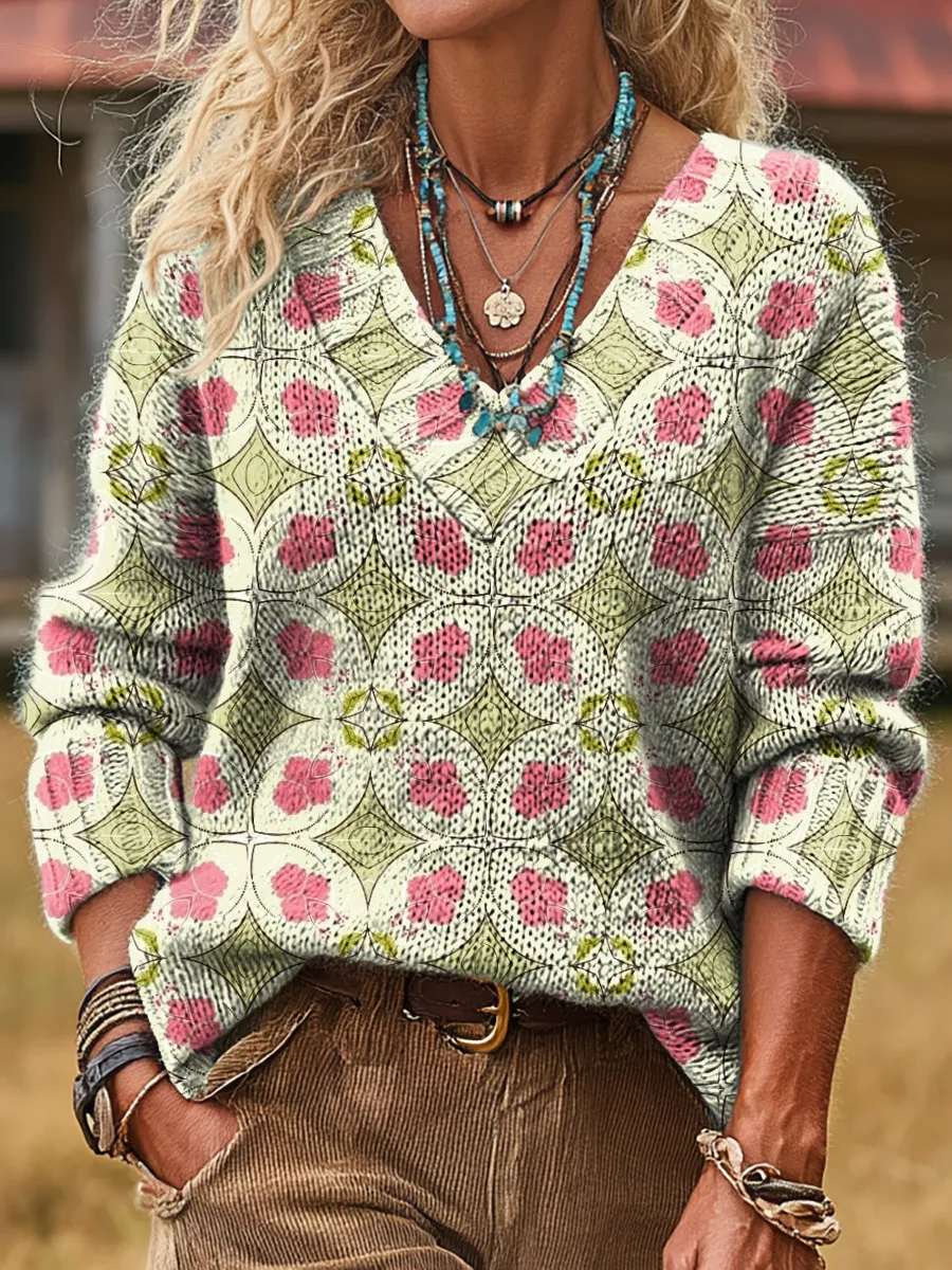 Women's Vintage Geometric Floral Art Prints Casual V-neck Knit Sweater
